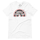 This vibrant NC State design with "North Carolina" text, rainbow arch, and red dots on a white shirt.