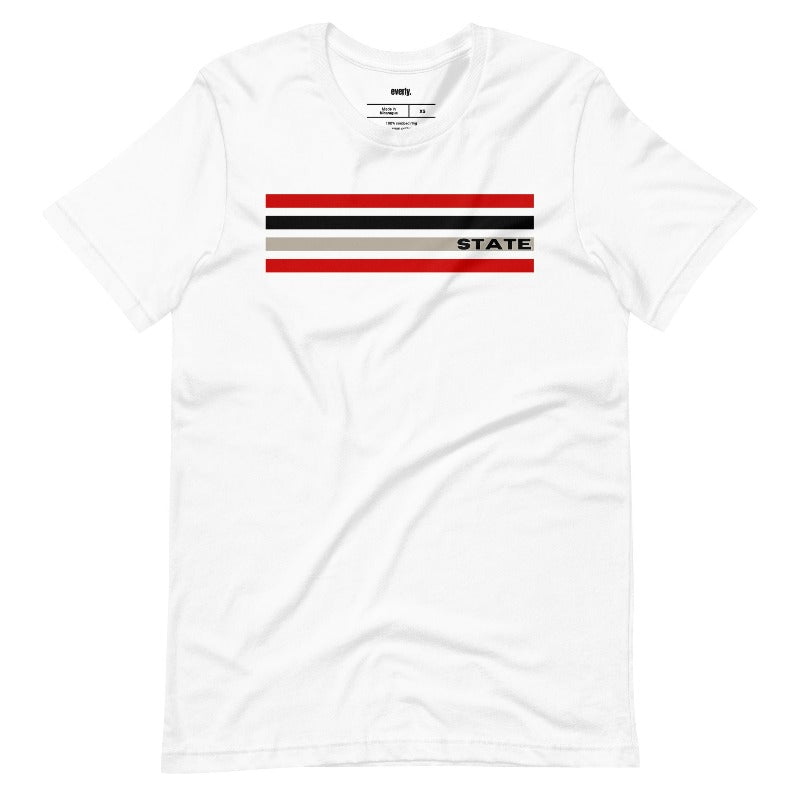 Bold red, black, and grey stripes with "STATE" text for NC State on a white shirt.