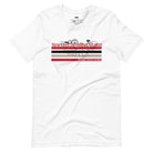 A vibrant NC State design with "North Carolina State" written in red across the top, stripes in red, black, and white, and "Raleigh, North Carolina" at the bottom on a white graphic tee.