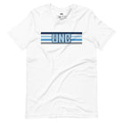 The letters "UNC" in bold blue over blue and white stripes for the University of North Carolina on a white shirt. 