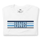 The letters "UNC" in bold blue over blue and white stripes for the University of North Carolina on a white shirt.