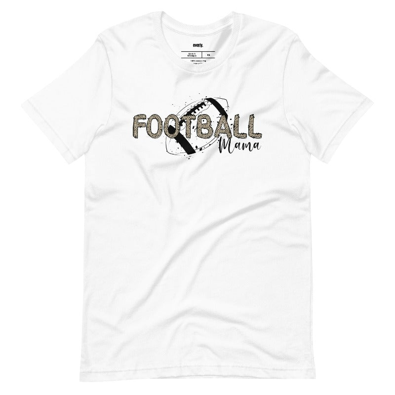 a playful design with a football graphic and the words "Football Mama" in leopard print on a white shirt.