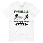 a football-themed design with the word "FOOTBALL" in bold text, accompanied by helmet icons. The design includes silhouettes of football players, a play diagram, and the words "Drive - Desire - Destiny" below on a white shirt. 