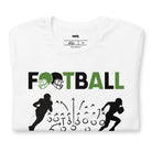 a football-themed design with the word "FOOTBALL" in bold text, accompanied by helmet icons. The design includes silhouettes of football players, a play diagram, and the words "Drive - Desire - Destiny" below on a white shirt.