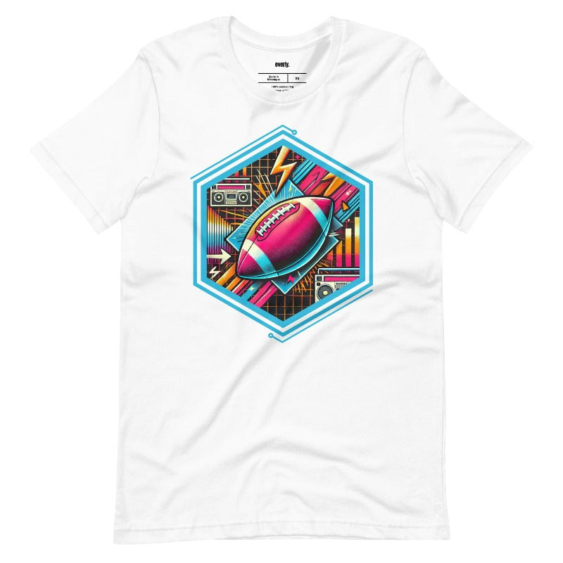 a vibrant neon design of a football with retro elements like boomboxes and geometric patterns, set in a hexagonal frame on a white shirt.