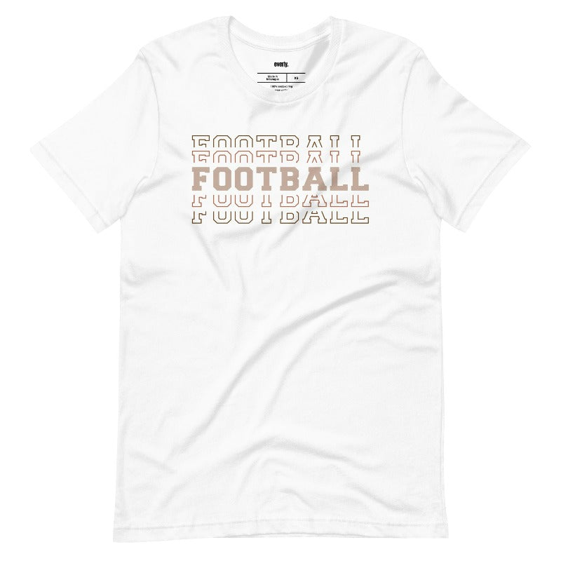 "FOOTBALL" repeated in different shades of brown and tan, with each instance of the word displayed in a slightly different style on a white shirt. 