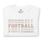 "FOOTBALL" repeated in different shades of brown and tan, with each instance of the word displayed in a slightly different style on a white shirt.