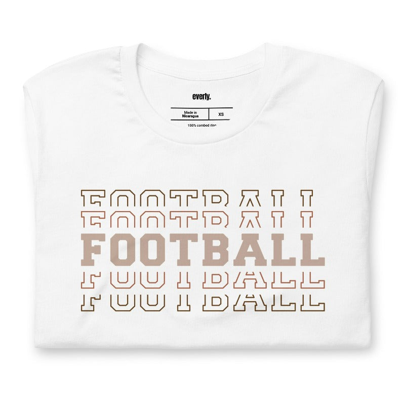 "FOOTBALL" repeated in different shades of brown and tan, with each instance of the word displayed in a slightly different style on a white shirt.