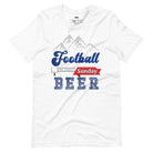 "Football," "The Perfect Sunday," and "Beer" in blue, red, and glittery blue lettering. The design includes a mountain backdrop and a goalpost, capturing the spirit of a perfect football Sunday on a white shirt.