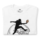 a black silhouette of a football player leaping to catch a football, superimposed on a large, sketched football helmet on a white shirt. 