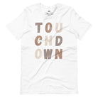 the word "TOUCHDOWN" in a stylish, distressed font with shades of brown, perfect for football fans on a white shirt