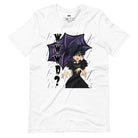 White t-shirt featuring a stylish goth girl dressed in black with a purple umbrella, along with the text "WWWD?" (What Would Wednesday Do?) in bold lettering.