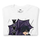 White t-shirt featuring a stylish goth girl dressed in black with a purple umbrella, along with the text "WWWD?" (What Would Wednesday Do?) in bold lettering.