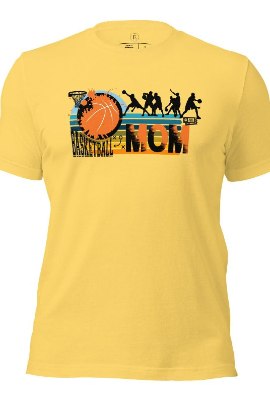 Show off your pride and support for your basketball-playing child with our trendy basketball mom shirt. Designed with love, this shirt is perfect for cheering on your little baller. Stay comfortable and stylish while showcasing your team spirit. Get yours today and rock the sidelines like a proud basketball mom. on a yellow shirt. 