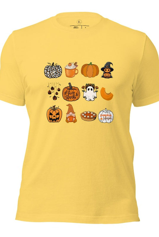 Celebrate Halloween with our captivating pumpkin-themed shirt! This design is perfect for pumpkin enthusiasts and casual wear. Let the pumpkins take center stage on a yellow shirt. 