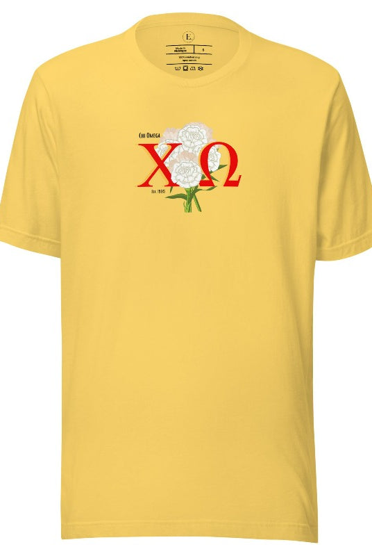Show off your Chi Omega spirit with our stunning sorority t-shirt design! This shirt is designed with the sorority letters and a beautiful white carnation on a yellow shirt. 
