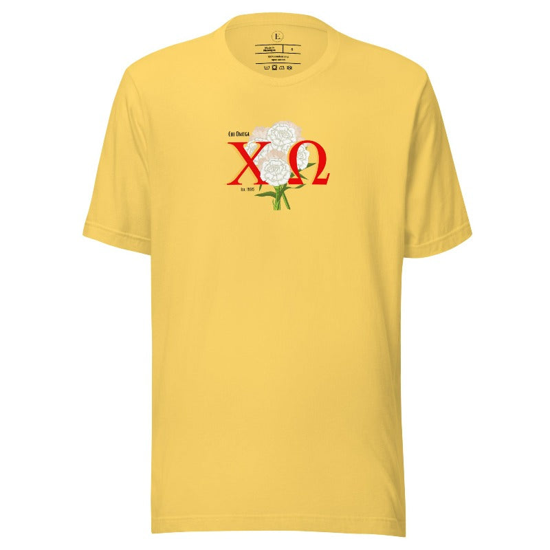 Show off your Chi Omega spirit with our stunning sorority t-shirt design! This shirt is designed with the sorority letters and a beautiful white carnation on a yellow shirt. 