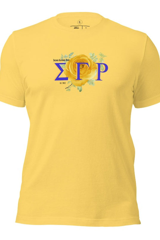 Looking for a stylish way to show your pride for Sigma Gamma Rho? Our stunning t-shirt features the sorority letters and a vibrant yellow tea rose on a yellow shirt. 