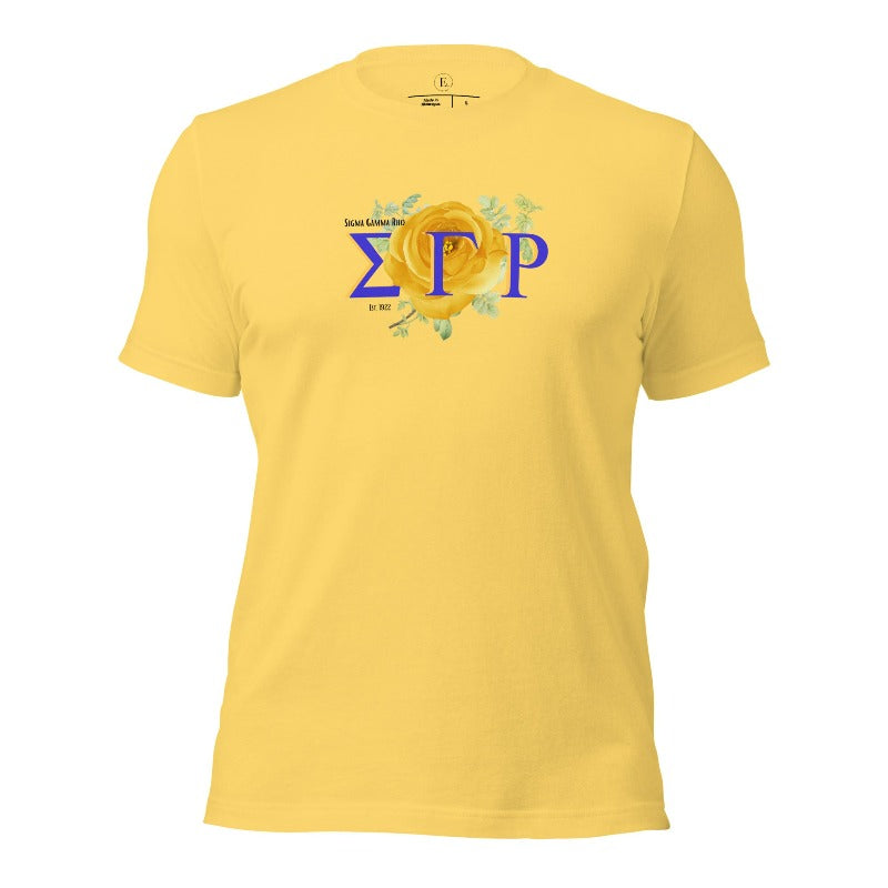 Looking for a stylish way to show your pride for Sigma Gamma Rho? Our stunning t-shirt features the sorority letters and a vibrant yellow tea rose on a yellow shirt. 