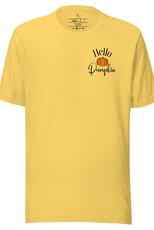 Say hello to autumn with our adorable t-shirt. It features a pumpkin on the front pocket and the playful phrase 'Hello Pumpkin,' this design captures the spirit of the season on a yellow shirt. 
