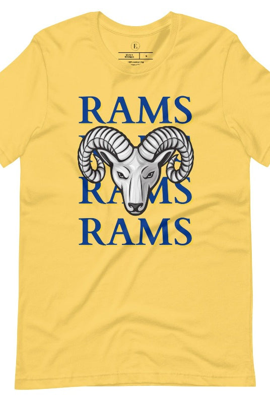 Unleash the Rams spirit with our Bella Canvas 3001 unisex tee! Elevate your game day style with the mantra 'Rams Rams Rams Rams' and a bold Rams head illustration on a yellow shirt. 