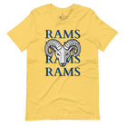 Unleash the Rams spirit with our Bella Canvas 3001 unisex tee! Elevate your game day style with the mantra 'Rams Rams Rams Rams' and a bold Rams head illustration on a yellow shirt. 