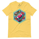 a vibrant neon design of a football with retro elements like boomboxes and geometric patterns, set in a hexagonal frame on a yellow shirt.