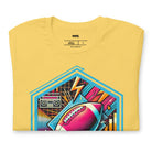 a vibrant neon design of a football with retro elements like boomboxes and geometric patterns, set in a hexagonal frame on a yellow shirt.