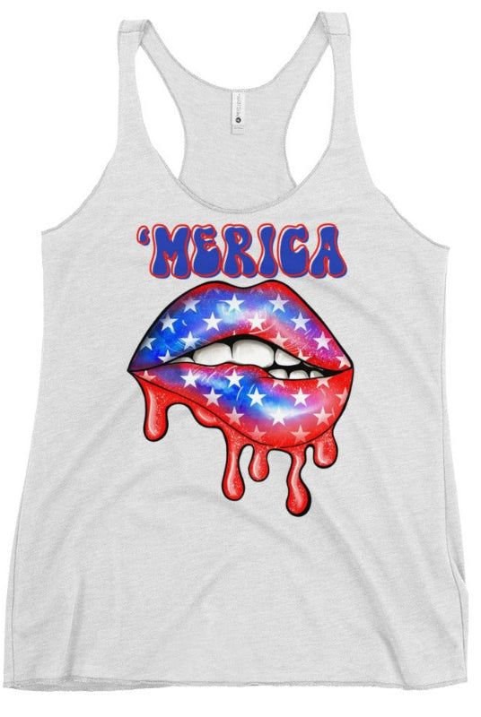 Image of a USA July 4th graphic Next Level Racerback Tank Top featuring the word "Merica" and USA themed lips on the front. This tank top showcases a playful and patriotic design, making it an ideal choice for celebrating Independence Day in style on a white tank.