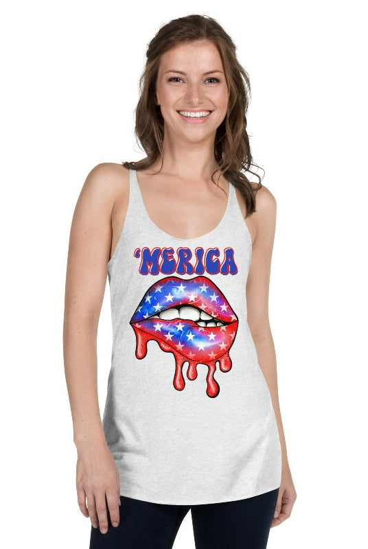Image of a USA July 4th graphic Next Level Racerback Tank Top featuring the word "Merica" and USA themed lips on the front. This tank top showcases a playful and patriotic design, making it an ideal choice for celebrating Independence Day in style on a white tank. 