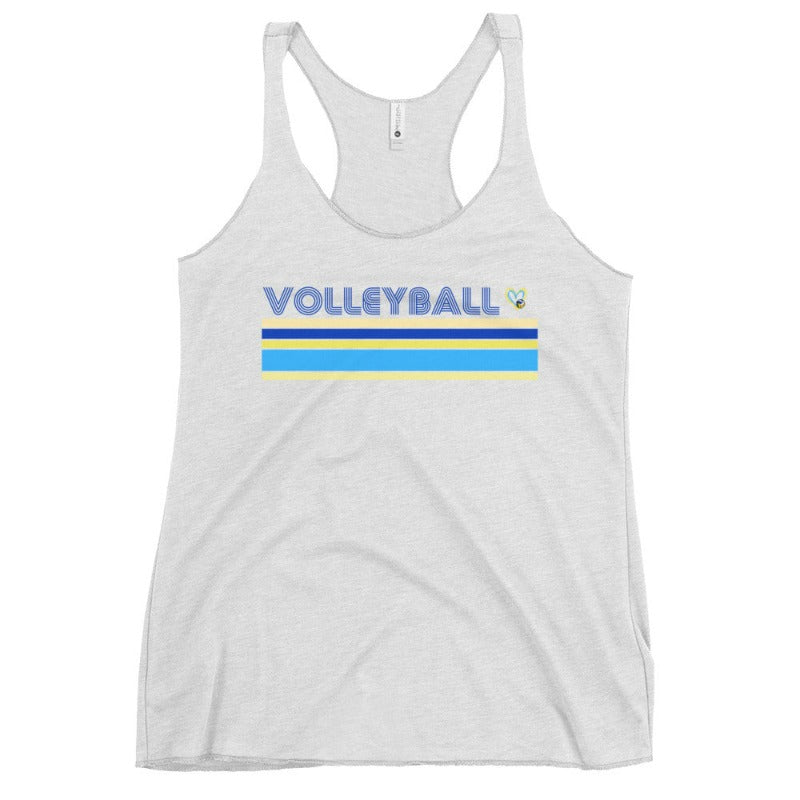 A light heather gray racerback tank top with a retro "Volleyball" text design in blue, featuring a small heart with a volleyball inside. The design is complemented by bold blue and yellow stripes across the chest. The tank top has a soft and comfortable feel, perfect for casual wear or sports activities.