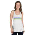 A light heather gray racerback tank top with a retro "Volleyball" text design in blue, featuring a small heart with a volleyball inside. The design is complemented by bold blue and yellow stripes across the chest. The tank top has a soft and comfortable feel, perfect for casual wear or sports activities.