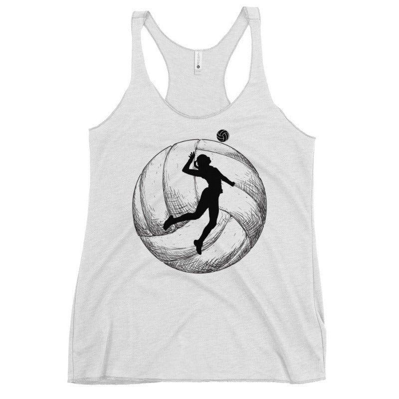 A women's Next Level Racerback tank top in heather white, featuring a large black silhouette of a volleyball player mid-jump with a volleyball backdrop. The tank is made from a blend of polyester, combed ring-spun cotton, and rayon, ensuring a soft and comfortable fit.