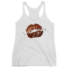 a graphic of lips with football stitching, combining a sporty and chic style, perfect for football enthusiasts on a heather white tank top