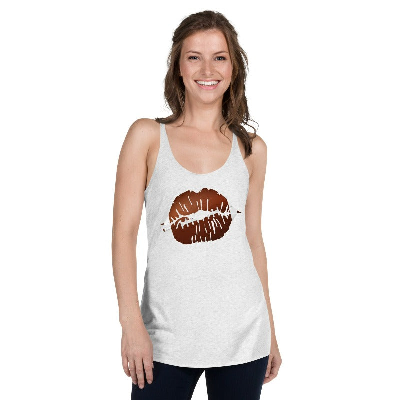 a graphic of lips with football stitching, combining a sporty and chic style, perfect for football enthusiasts on a heather white tank top