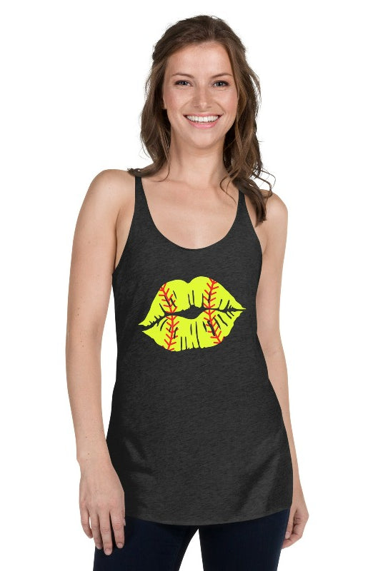 Next Level Racerback Tank Top with softball lips design on a black tank top.