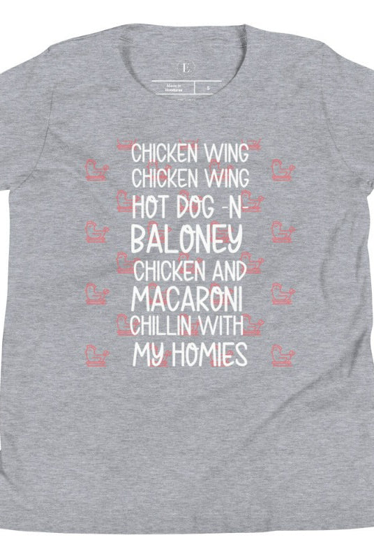 Get ready to groove with our kids' shirt that's all about the chicken wing craze! Featuring the lively lyrics to the popular "chicken Wing, Chicken Wing" song on an athletic heather grey shirt. 