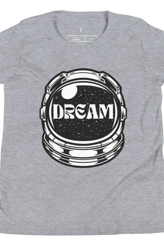 Inspire your little space explorer with our astronaut helmet tee featuring the word 'dream' on the visor on an athletic heather grey shirt. 