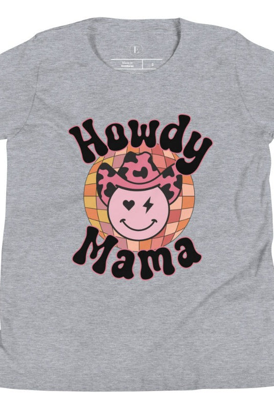 Yeehaw! Get ready to ride into style with our kids' shirt featuring a checkered ball with a winking smiley face, a lightning bolt, and a cowboy hat. With the playful saying 'Howdy Mama,' it's a fun and expressive choice on an athletic heather grey shirt.