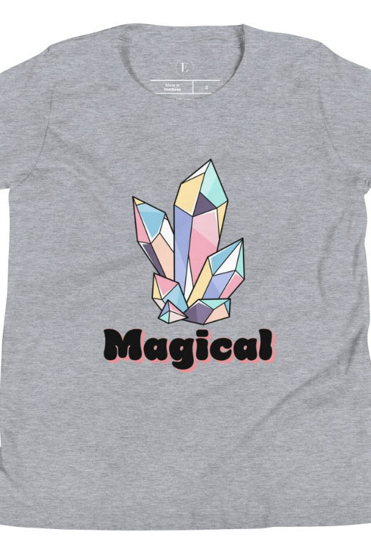 Our kids' shirt is designed to unleash your child's magic. Featuring colorful crystals and the word "Magical", it ignites your child's imagination on an athletic heather grey shirt. 