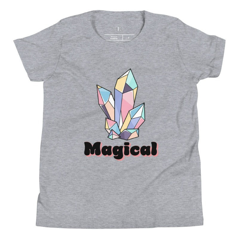 Our kids' shirt is designed to unleash your child's magic. Featuring colorful crystals and the word "Magical", it ignites your child's imagination on an athletic heather grey shirt. 