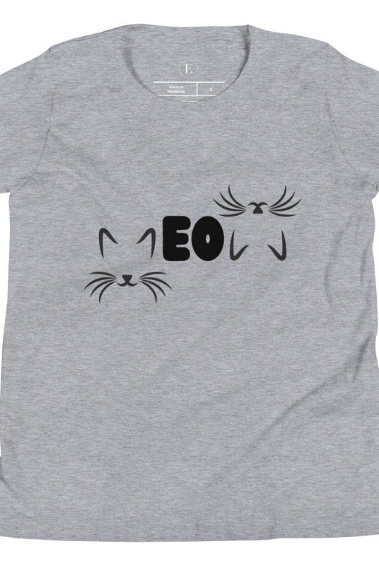 Purr-fectly adorable! Our kids' shirt features the word 'meow' creatively designed with cat ears for the M and upside-down cat ears for the W on an athletic heather grey shirt. 