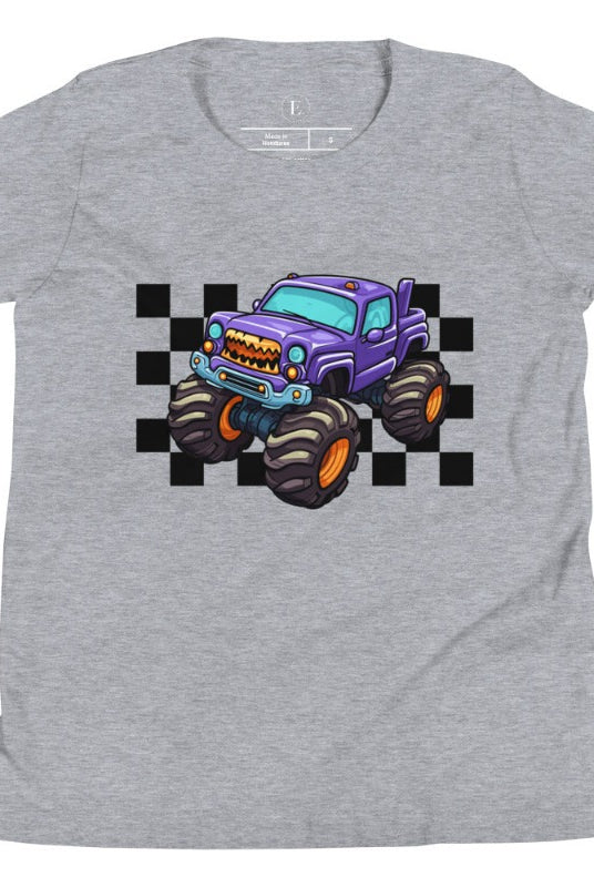Rev up the excitement with our kids' shirt featuring a monster truck design! This tee is perfect for little adrenaline junkies and fans of big wheels on an athletic heather grey shirt.
