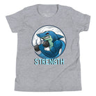 Dive into strength and style with our kids' shirt. Featuring a shark lifting weights with the empowering word 'strength' underneath on an athletic heather grey shirt. 