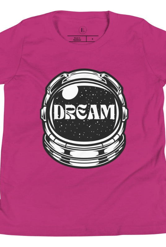 Inspire your little space explorer with our astronaut helmet tee featuring the word 'dream' on the visor on a berry colored shirt. 