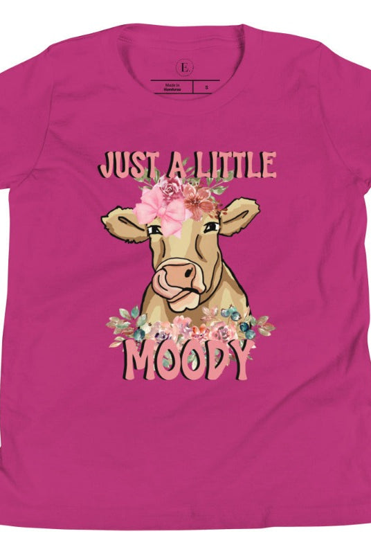 Our kid's shirt features an adorable highland cow with flowers and the quote 'Just a Little Moody,' adding humor and personality to the design on a berry colored shirt. 