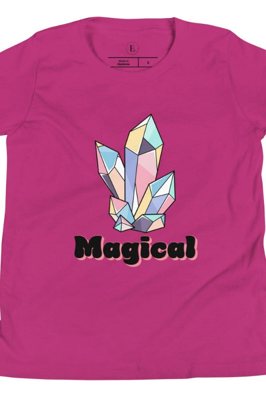 Our kids' shirt is designed to unleash your child's magic. Featuring colorful crystals and the word "Magical", it ignites your child's imagination on a berry colored shirt. 