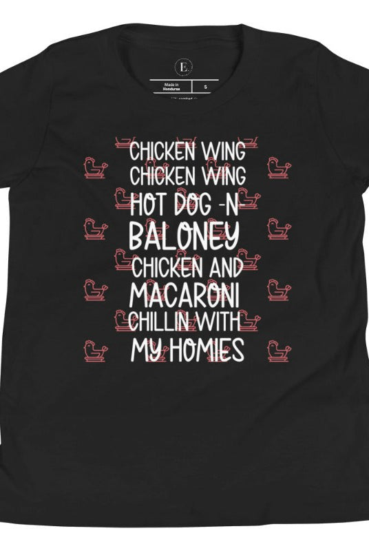 Get ready to groove with our kids' shirt that's all about the chicken wing craze! Featuring the lively lyrics to the popular "chicken Wing, Chicken Wing" song on a black shirt. 
