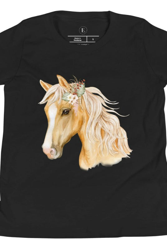 Embrace the equestrian vibe with our kids' shirt which features a majestic horse head adorned with a beautiful floral arrangement on its mane on a white shirt on a black shirt. 