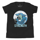 Dive into strength and style with our kids' shirt. Featuring a shark lifting weights with the empowering word 'strength' underneath on a black shirt. 